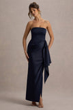 Loz Navy Satin Bandeau Draped Maxi Dress