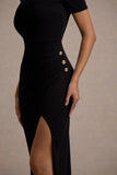 Claudetta Black High-Neck Short-Sleeve Split Maxi Dress