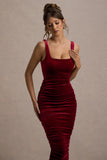 Cora Berry Velvet Square-Neck Bodycon Midi Dress