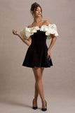 Brynne Black & Cream Velvet Mini Dress With Satin Puff Sleeves