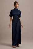 Audley Navy Satin High-Neck Flutter-Sleeve Maxi Dress