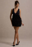 Flirt Black Plunge Front Mini Dress With Feather Skirt