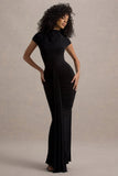 Lorenza Black High-Neck Ruched Maxi Dress With Draped Skirt