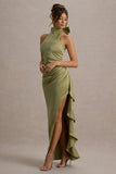 Maureen Light Green Satin High-Neck Draped Maxi Dress