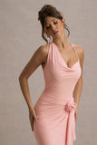 Lucena Pink Cowl-Neck Wrap Maxi Dress With Floral Drape