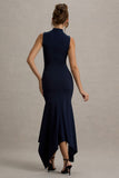 Janice Navy High-Neck Hanky-Hem Maxi Dress