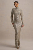 Galaxy Champagne Sequin Turtle-Neck Long-Sleeve Maxi Dress