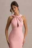 Titania Pink Twist-Neck Feather Hem Midi Dress
