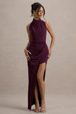 Hayden Burgundy High-Neck Draped Split Maxi Dress