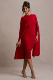 Marysol Red Asymmetric Cape Midi Dress