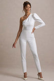 San Jose White One-Shoulder Puff-Sleeve Jumpsuit