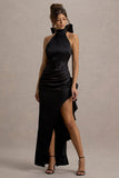 Maureen Black Satin High-Neck Draped Maxi Dress