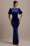 Ashlin Navy Velvet Puff-Sleeve Maxi Dress