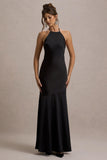 Frida Black Satin Halter-Neck Backless Maxi Dress