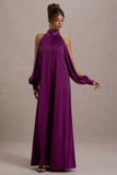 Baila Mulberry Satin High-Neck Cape-Sleeve Maxi Dress