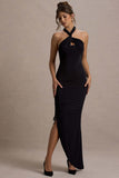 Jaiya Black Ruched Halter-Neck Asymmetric Maxi Dress
