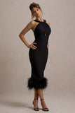 Titania Black Twist-Neck Feather Hem Midi Dress