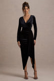 Arcadia Black Velvet Plunge-Neck Wrap Midi Dress