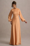 Crawley Peach Satin Puff-Sleeve Maxi Dress