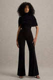 Isoline Black Twist Cape Flared-Leg Jumpsuit