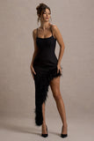 High Status Black Strappy Corset Asymmetric Maxi Dress With Feather Trim