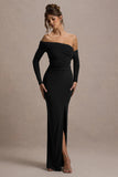 Stand Out Black Bardot Long Sleeve Ruched Maxi With Side Split
