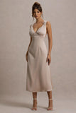 Beck Champagne Satin Plunge-Neck Cross-Back Midi Dress