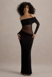 Belamour Black Semi-Sheer Bardot Gathered Maxi Dress