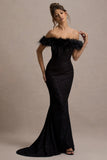Idyll Black Lace Bardot Feather Fishtail Maxi Dress