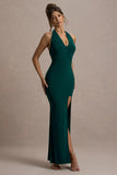 Glamour Bottle Green Backless V Plunge Halter Neck Maxi Dress With Side Split