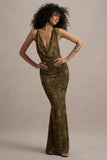 Allana Yellow Floral Print Cowl-Neck Open-Back Maxi Dress