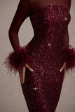 Afterglow Port Sequin Long-Sleeve Midi Dress With Feather Trims