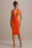 Anaisa Orange Plunge Halter-Neck Midi Dress