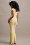 Lorenza Lemon High-Neck Ruched Maxi Dress With Draped Skirt