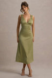 Beck Light Green Satin Plunge-Neck Cross-Back Midi Dress