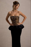 Harriette Leopard Print Bandeau Maxi Dress With Black Velvet Peplum Skirt