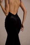 Adele Black Velvet Ruched Strappy Fishtail Maxi Dress