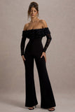 Celebrate Black Bardot Long-Sleeved Flared-Leg Jumpsuit With Flowers