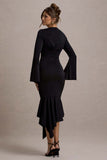 Rehna Black Plunge-Neck Bell-Sleeve Midi Dress