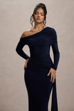 Valina Navy Ruched Asymmetric Maxi Dress With Drape