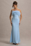 Dress For It Powder Blue Satin Feather Trim Bandeau Maxi Dress