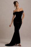 Apolline Black Velvet Off The Shoulder Ruched Fishtail Maxi Dress