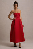 Wintour Red Satin Sweetheart Midi Dress