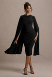 Marysol Black Asymmetric Cape Midi Dress