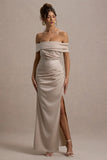 Martine Champagne Satin Bardot Wrap Maxi Dress