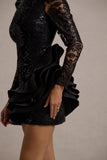 Myka Black Sequin Long-Sleeve Ruffle Hem Mini Dress