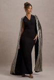 Ilenia Black V-Neck Maxi Dress With Metallic Cape