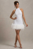 Lumi White Sequin High-Neck Feather Trim Mini Dress