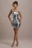 Jasmyn Silver Sequin Square-Neck Mini Dress