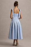 Alberta Powder Blue Satin Midi Dress With Bow Straps